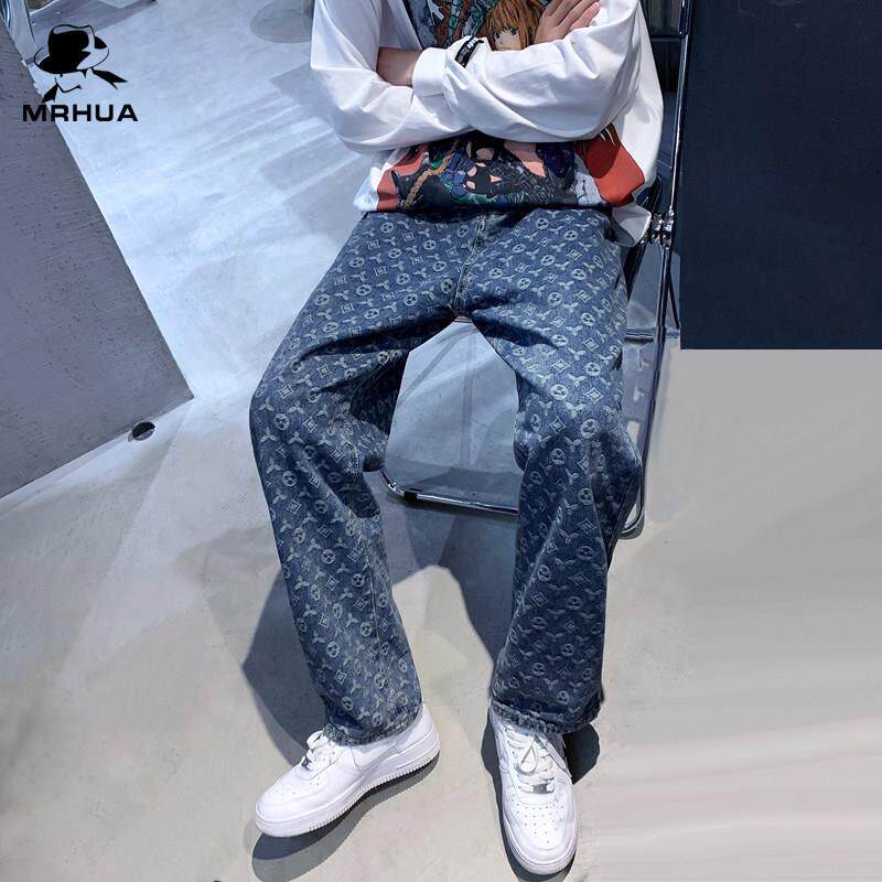 美式高街牛仔裤男春秋款休闲宽松直筒宽裤欧美街头潮牌印花裤子