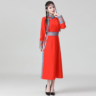 高档新档型蒙古族长袍饰春舒适长民族风格服表日演服装改进高蒙古