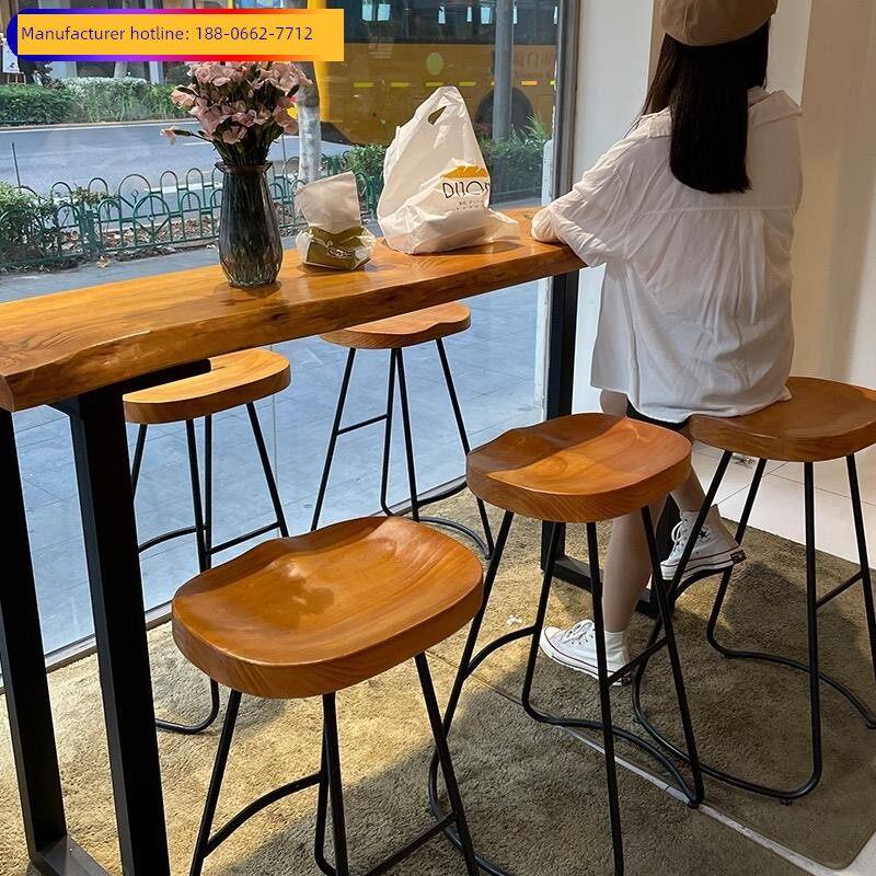 阳台壁挂式高腿长桌商用实木吧台桌椅组合家用奶茶店咖啡厅吧台桌