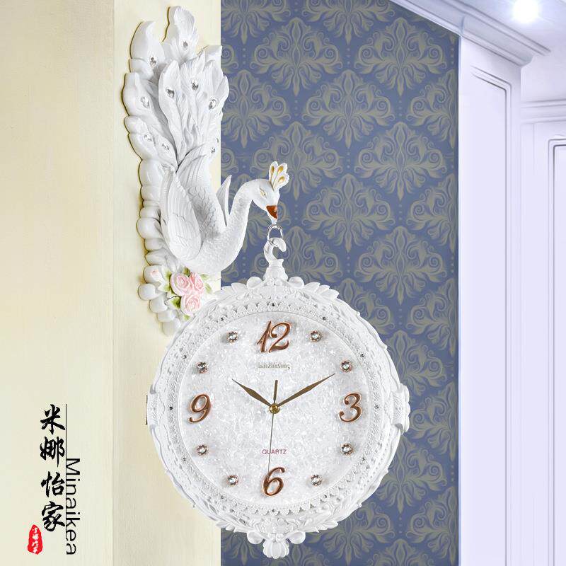 新款直销欧美式复古挂钟双面钟客厅钟表创意个性孔雀装饰静音挂表
