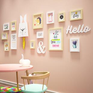 饰挂画儿童相框能换相片真钟表 实木_7274卡通照片墙兔摇摆钟表装