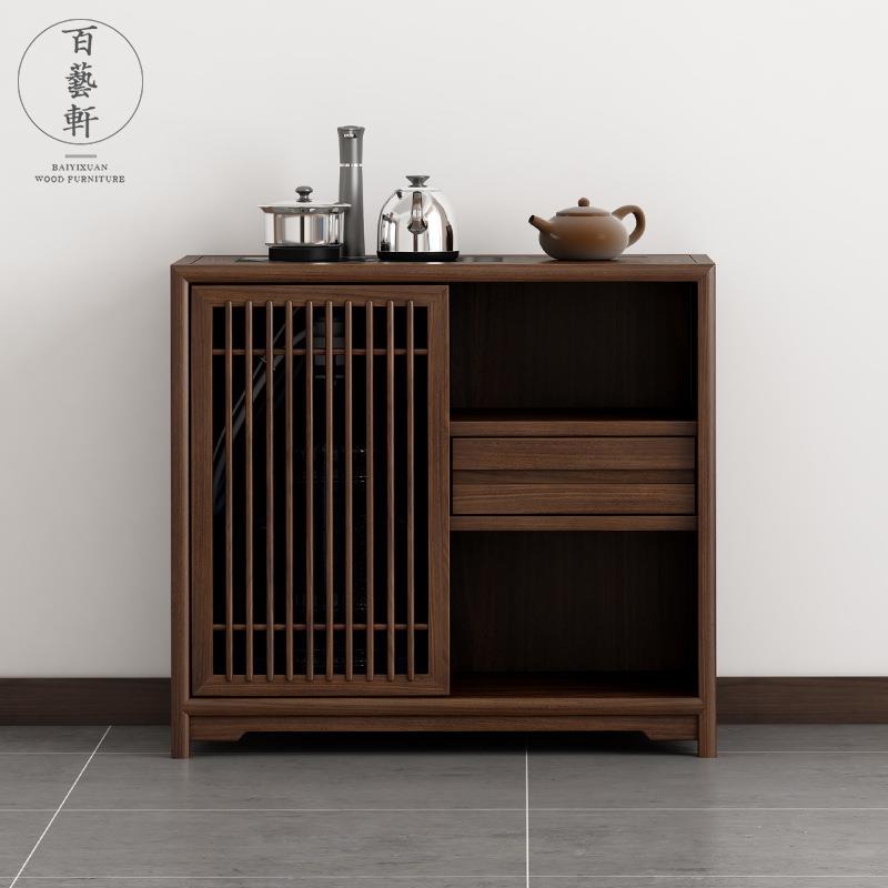 新中式茶水柜实木黑胡桃木老榆木茶桌茶水台下置水桶茶边柜烧水柜
