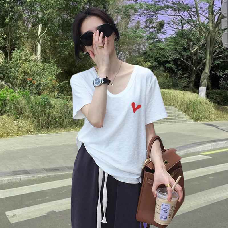 爱心印花短袖t恤女夏季宽松大码洋气时尚竹节棉大v领半袖套头上衣