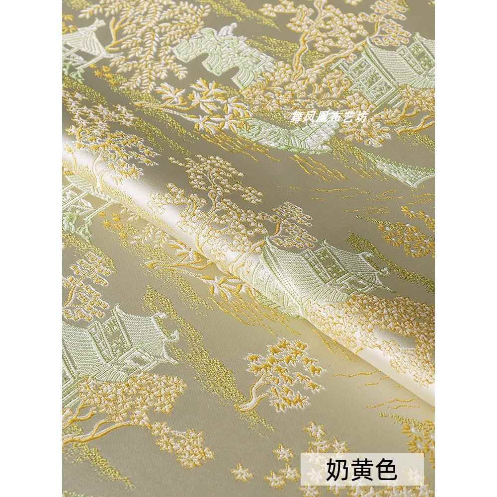新中式清明上河图织锦缎面料 园林景观提花宋锦旗袍马甲半裙布料