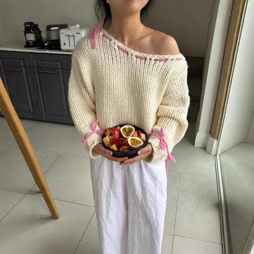 Women Sweet Tie Sweater Fall Winter Cute Casual Daily Outfit