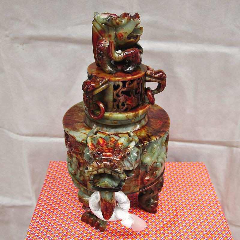 钰程本命年玉器 直径20CM岫玉九龙鼎香炉摆件大号公司财位摆件