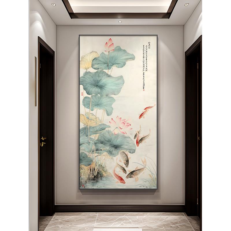 荷花九鱼入户玄关装饰画九鱼聚财正对门走廊过道挂画客厅寓意壁画