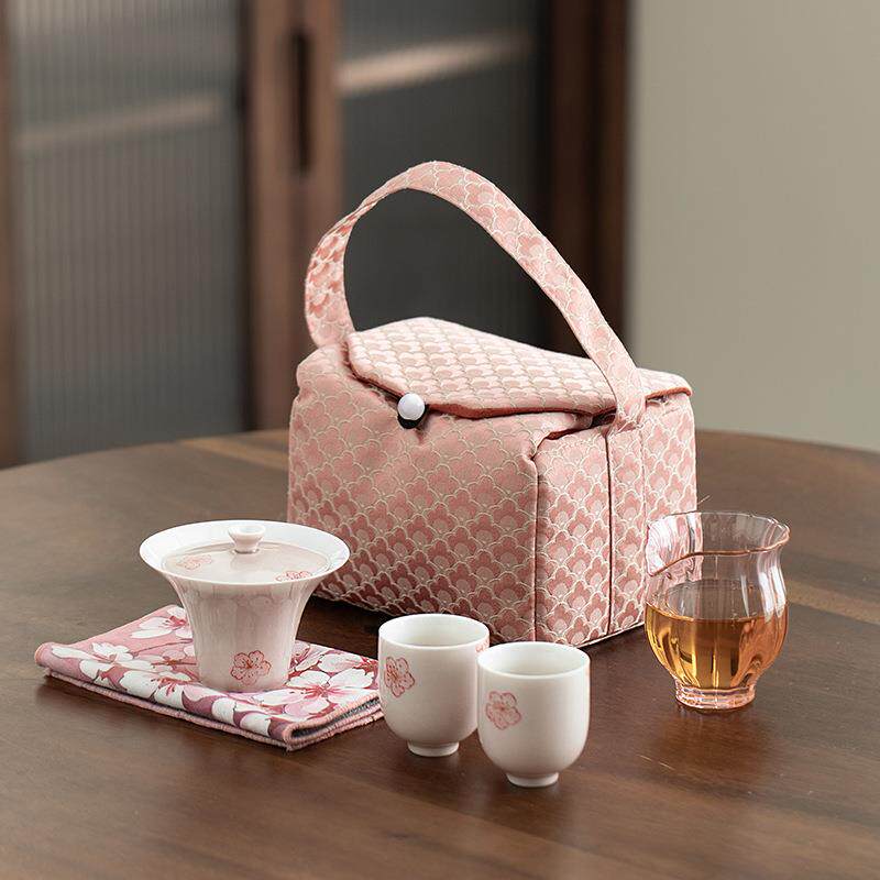 中式手绘盖碗旅行茶具套装釉下彩便携茶具快客杯户外防烫手泡茶碗