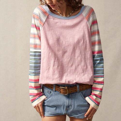 Women's Striped Patchwork Long Sleeve Crop Top Casual Loose
