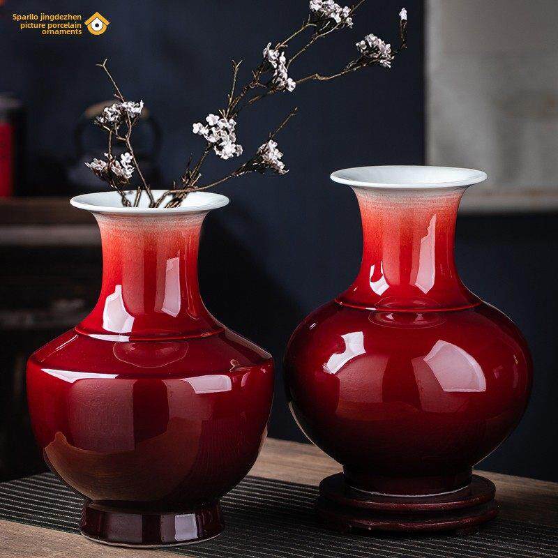 景德镇陶瓷器中国红色郎红花瓶插花中式玄关家居客厅装饰品摆件