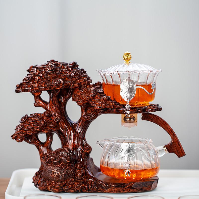 闽政新款摇钱树全自动茶具套装家用高硼硅耐热玻璃磁吸懒人冲茶器