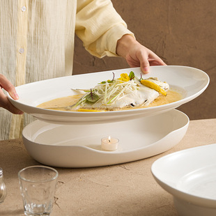 蜡烛加热保温蒸鱼盘酒店明炉餐具私房菜饭店专用陶瓷盘子菜盘商用