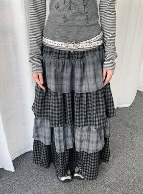 Solkatt轻亚风古早叠穿格子拼接蛋糕裙女设计感A字长裙半身裙字