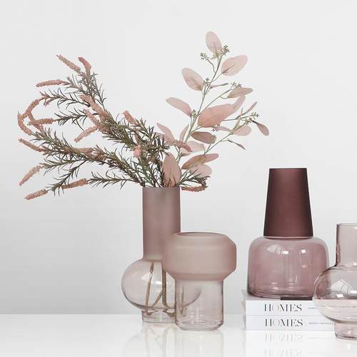 密度家居桃粉磨砂玻璃花瓶咖色插花花器现代客厅餐桌样板间花艺