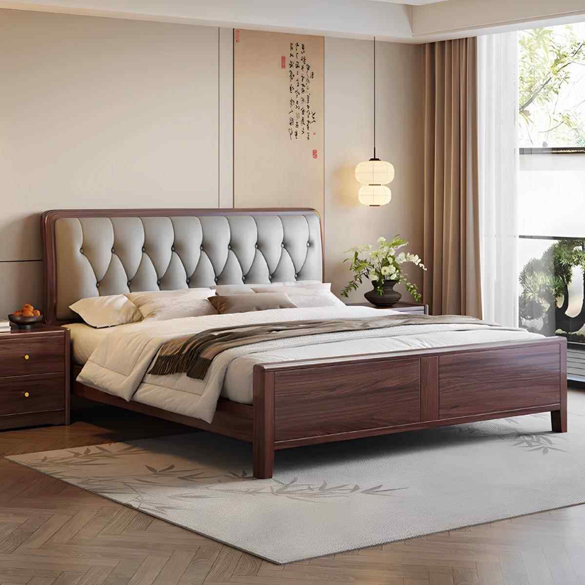 北美黑胡桃木实木床宋式美学1米8双人床主卧现代简约1.5m真皮软包