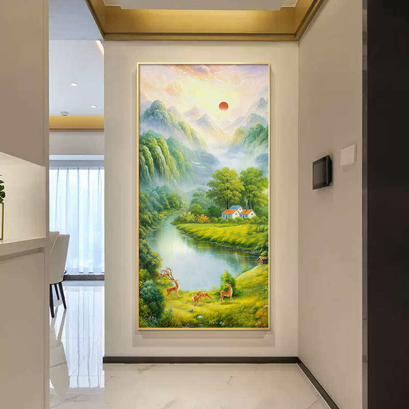 聚宝盘入户玄关装饰画轻奢走廊过道山水画壁画正对门背有靠山挂画