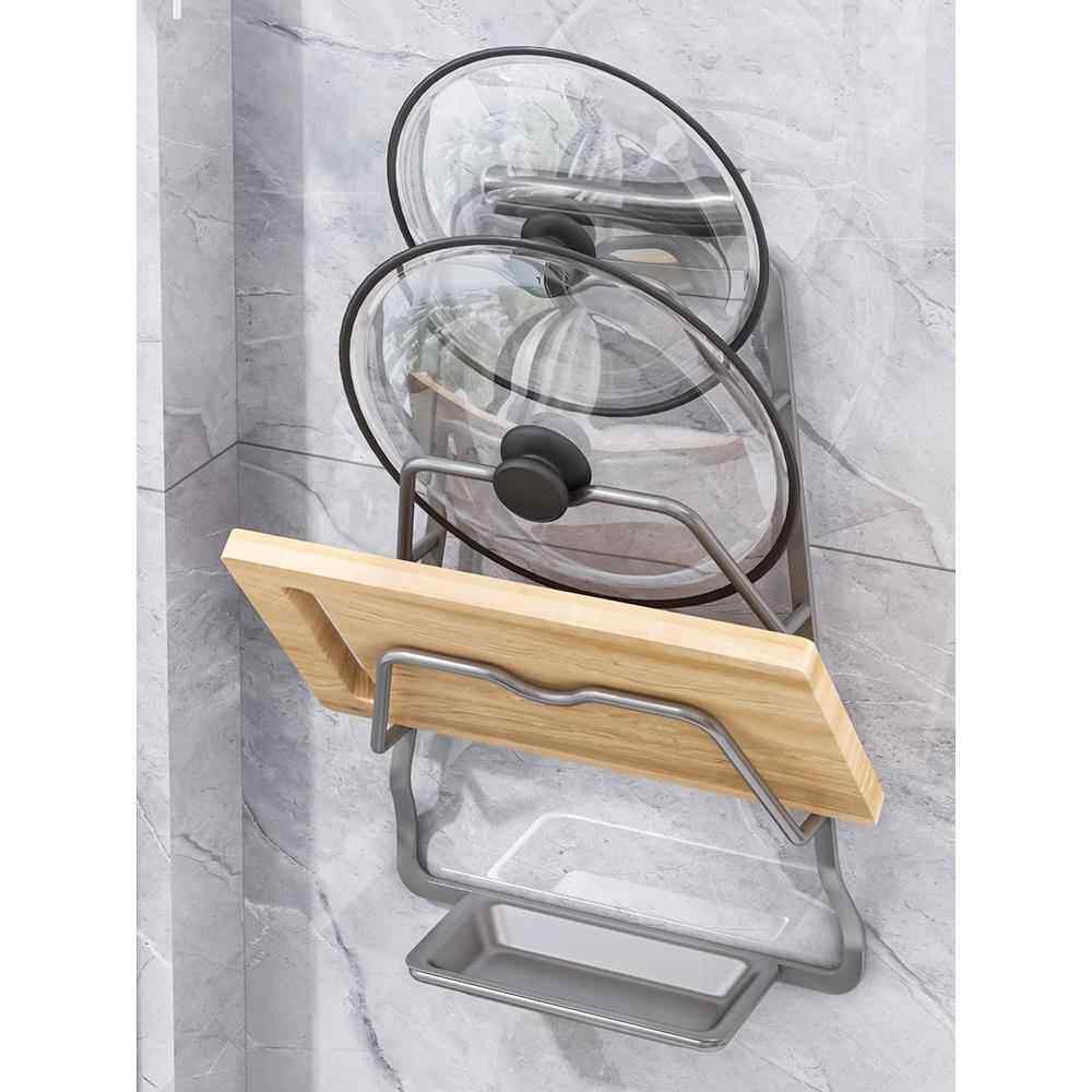 欧文 太空铝锅盖架 带接水盘壁挂 架子 菜板收纳免打孔厨房置物架