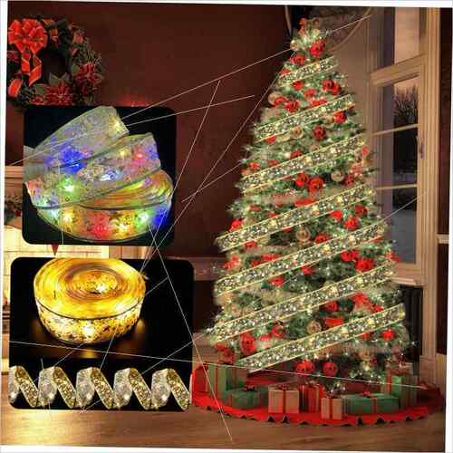Christmas ribbon lights strung with Christmas tree ribbons