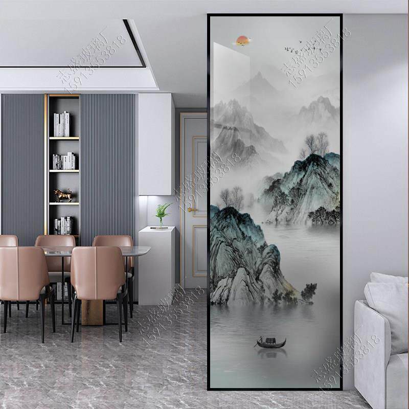 高端山水画 画新中式艺术玻璃客厅屏风隔断入户门玄关化妆室遮挡