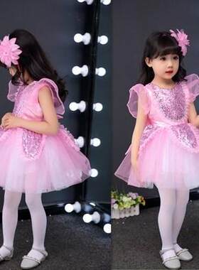 新款儿童薄纱裙亮片表演服装毛绒话绒裙公主表演服装女童幼儿园五