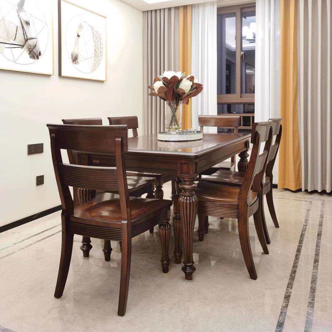 美式复古深色餐桌椅橡木实木罗马柱餐桌法式查尔斯顿餐桌餐椅组合