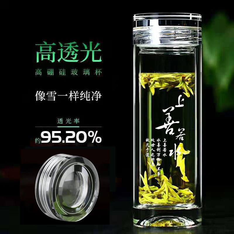 添彩双层玻璃杯隔热加厚商务男款水杯带盖子茶杯办公Z泡茶杯刻度