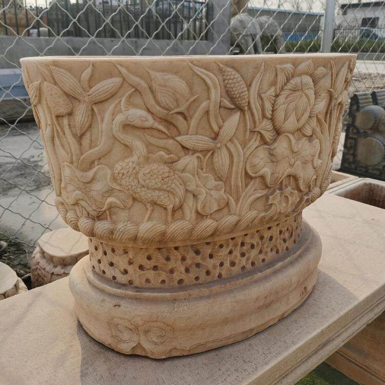 石雕鱼缸圆缸花盆庭院荷花缸仿古石水缸天然青石头槽养鱼池摆件