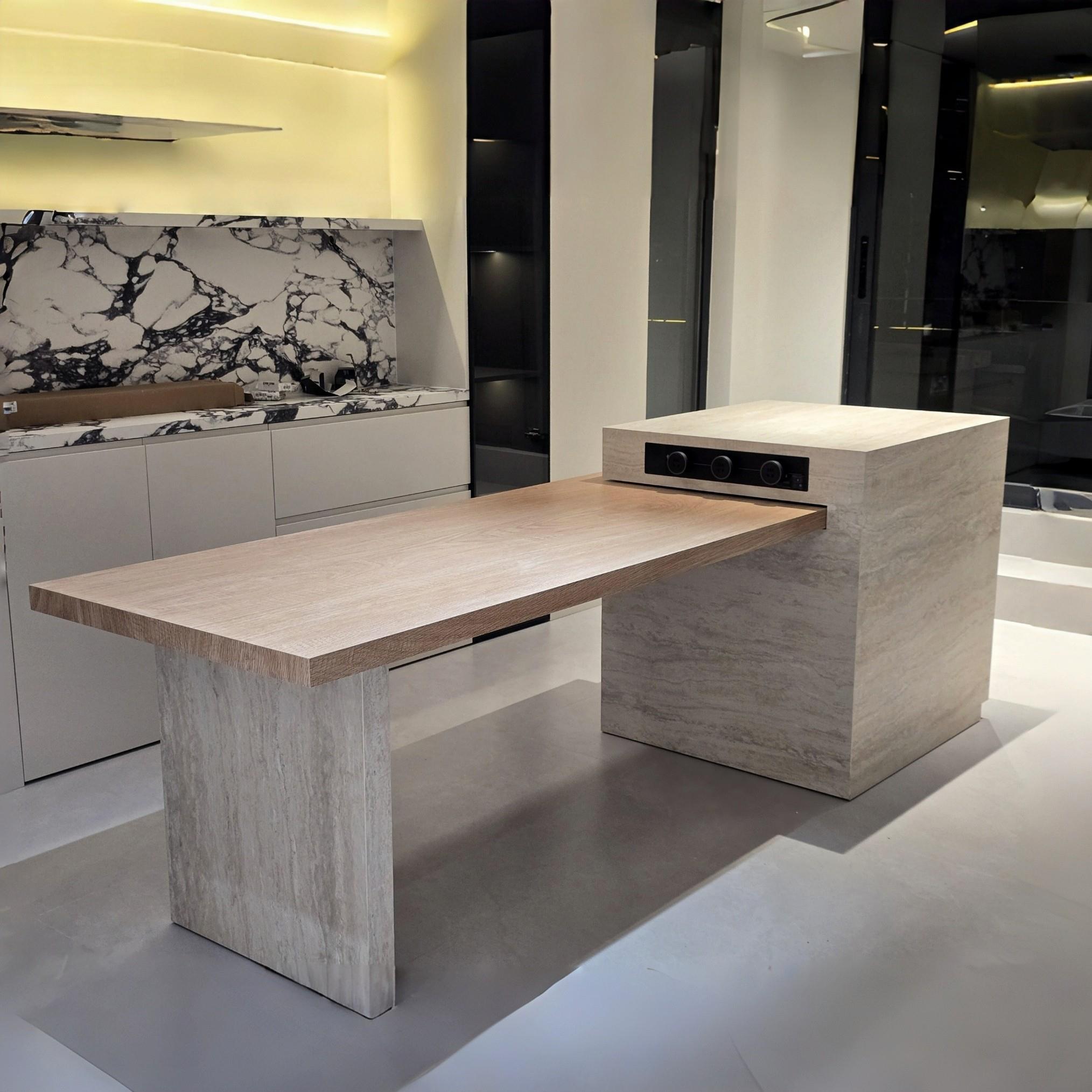 中古洞石岩板岛台餐桌一体伸缩家用定制高端开放式厨房中岛木餐桌图片