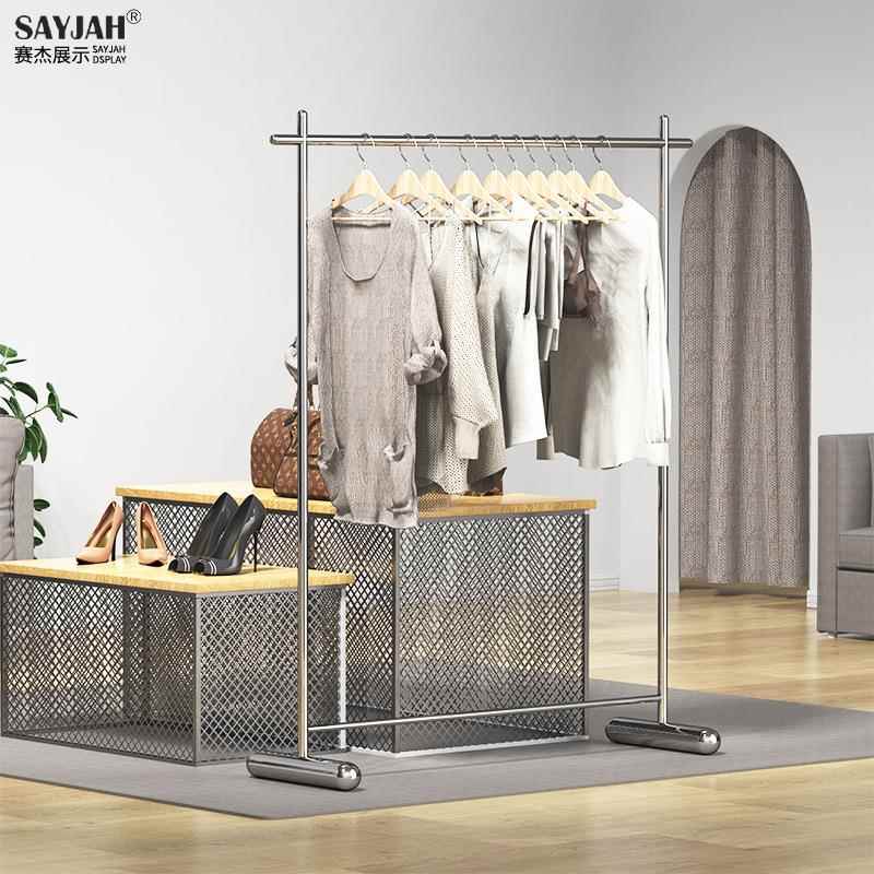 银色拉丝不锈钢特厚管落地中岛货架子镜光女装挂衣杆服装店展示架