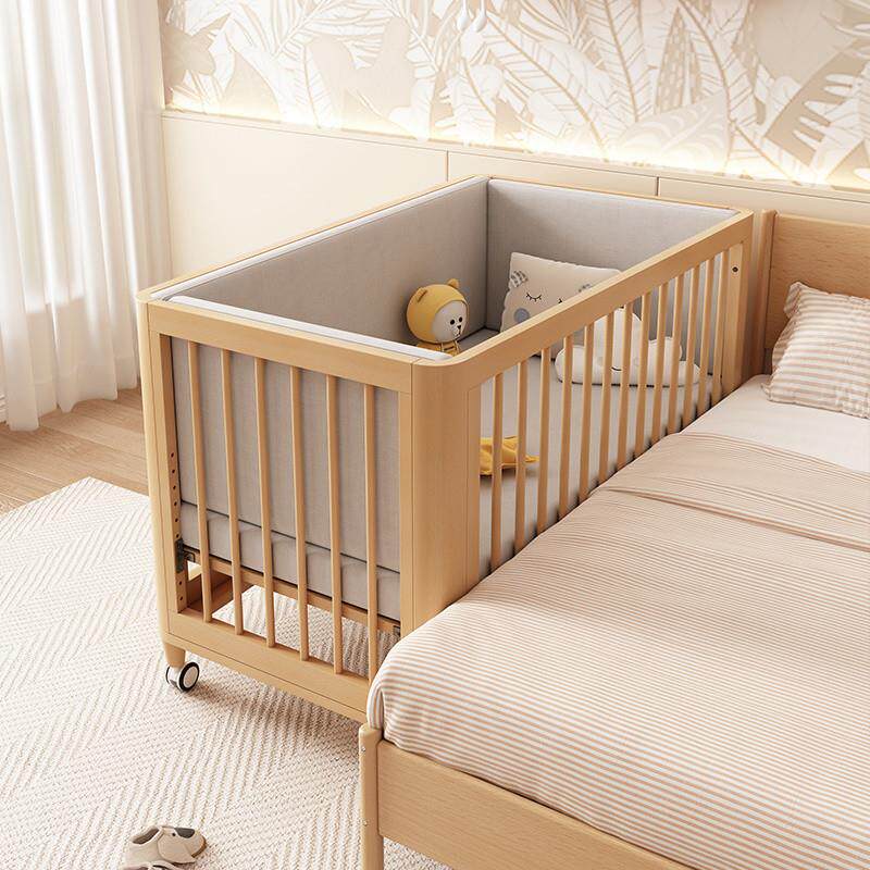 榉新生婴儿多功838能可木移动男宝宝床床可调节高度女带护栏拼接