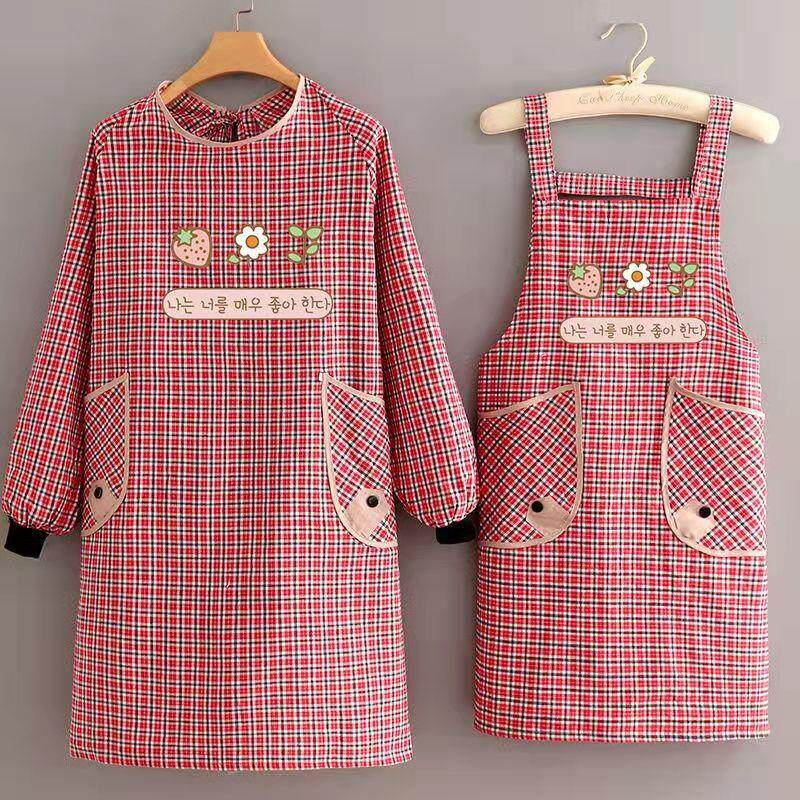 棉布背带围裙工厂现货长袖罩衣厨房家用做饭围腰双兜服女