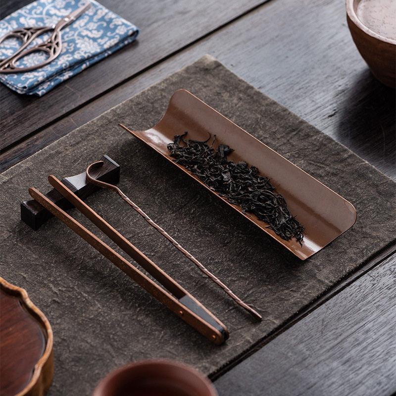 手工仿古紫铜茶则四件套茶荷茶夹茶叶勺子取茶分茶器茶道配件套装