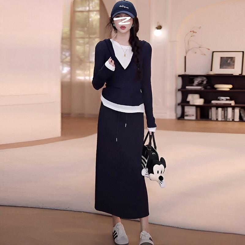 欧洲站休闲时尚套装女2025新款春秋季显瘦假两件上衣半身裙两件套