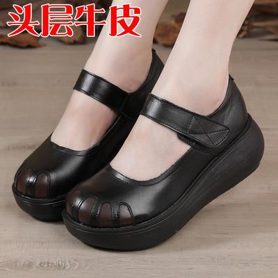高档民族风古真鞋皮女头牛皮松糕鞋厚底包鞋闰月春秋休闲 覆层妈
