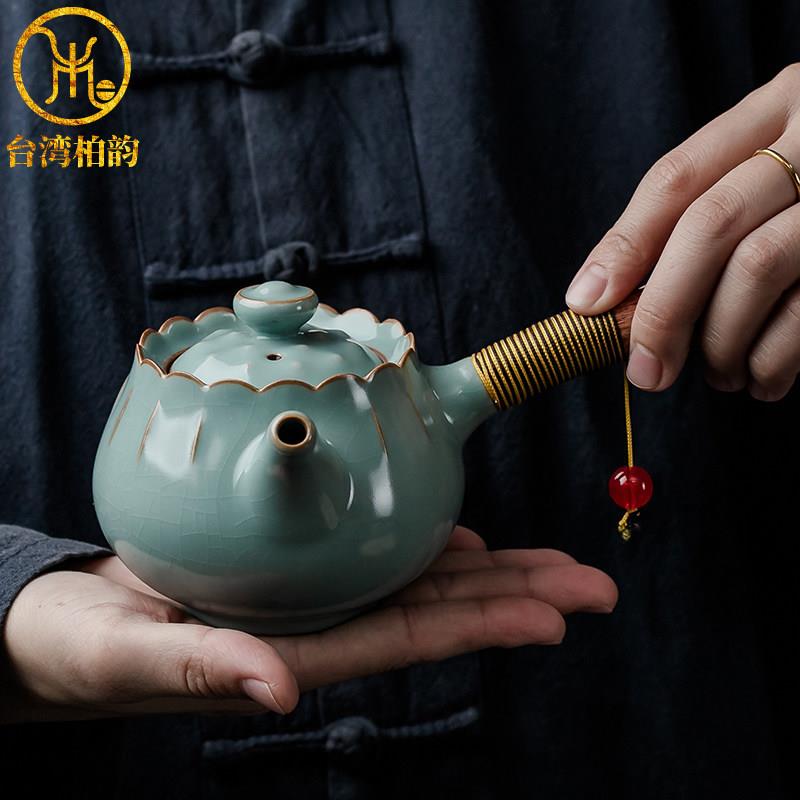 柏韵邱卫国汝窑禅莲侧把壶汝瓷开片可养陶瓷茶壶茶具泡茶器单壶