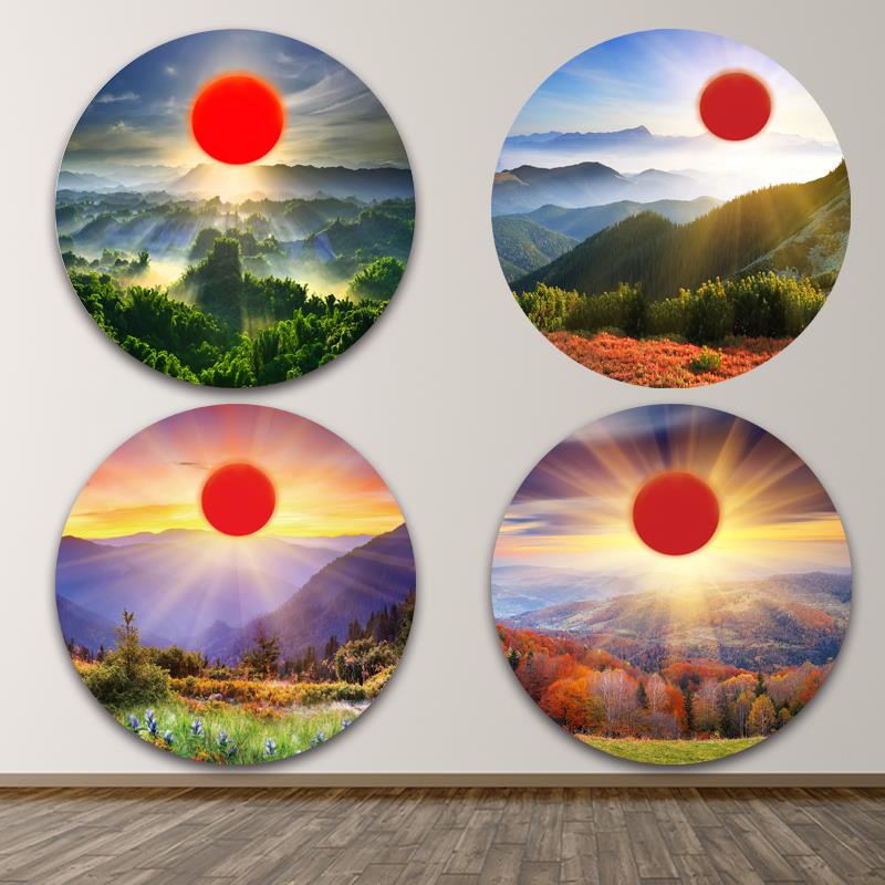 红太阳客厅玄关圆形装饰画风水壁画大山日出旭日东升风景自粘贴画图片