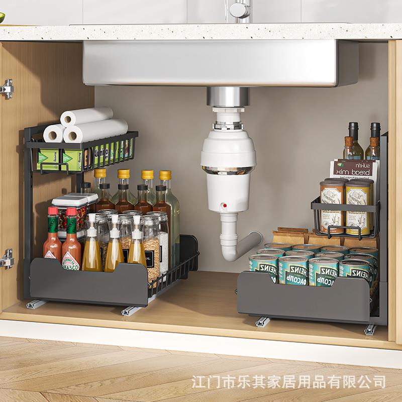 厨房下水槽收纳置物架抽拉式拉篮双层放调料零食瓶罐架橱柜分层架