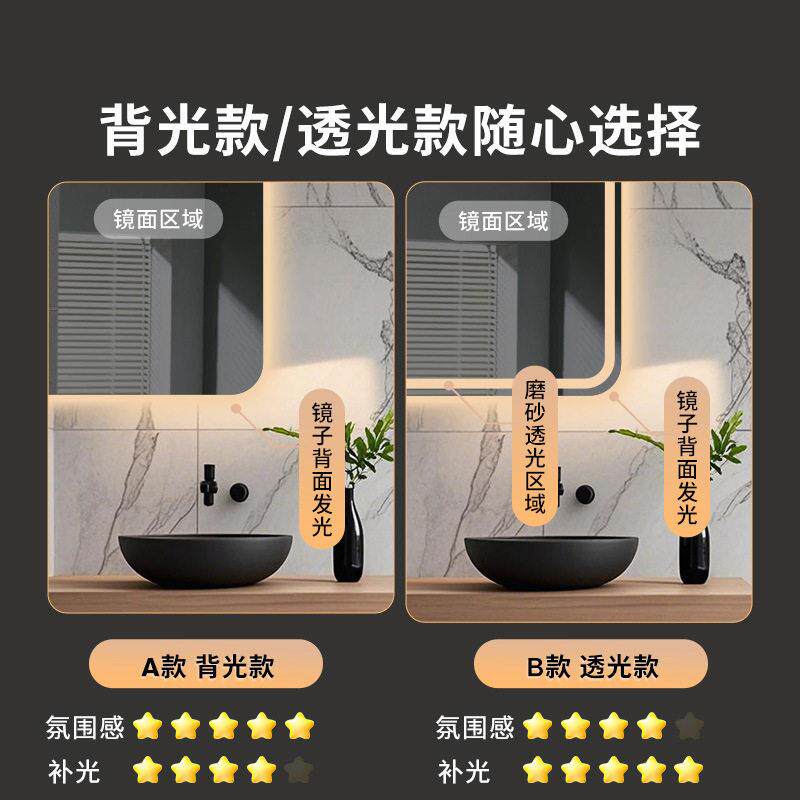 镜子浴室现简约卫生间LED带灯防雾智能发光化妆镜洗手间壁挂镜