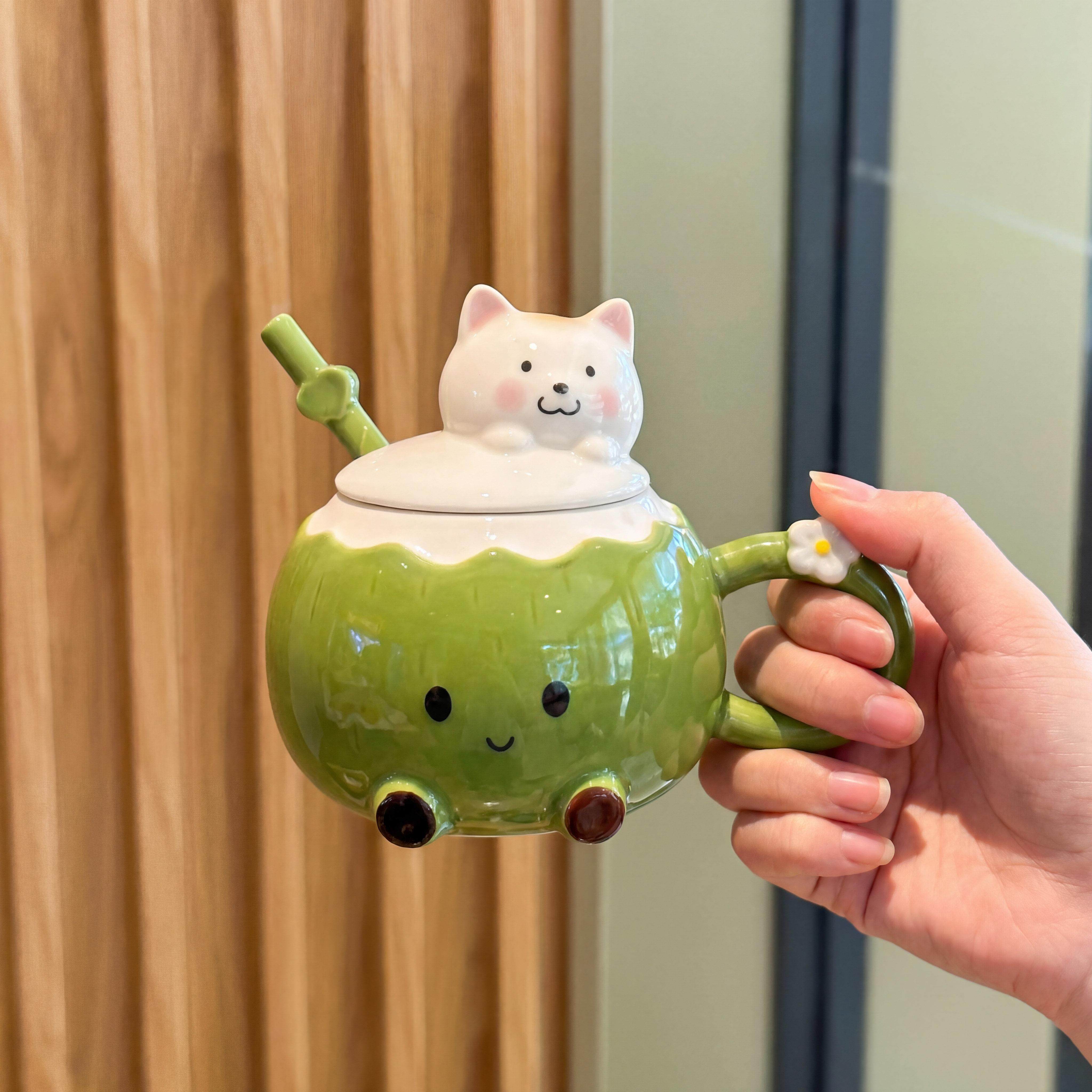 呆萌可爱椰子马克杯带盖情侣陶瓷水杯礼盒女生生日礼物家用咖啡杯