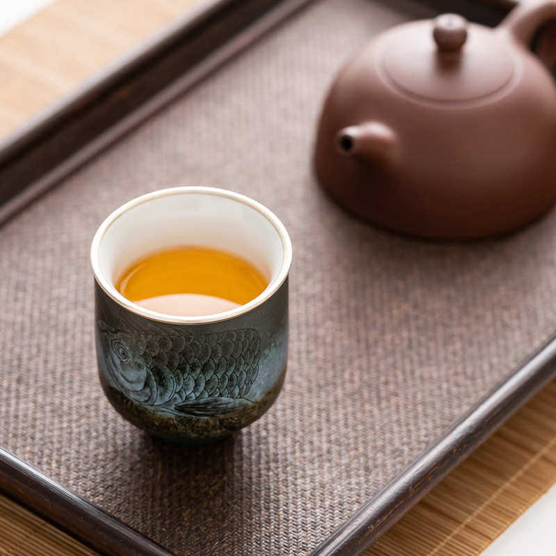 墨瓷手绘茶杯陶瓷主人杯功夫茶家用手工仿古闻香单杯大号品茗杯