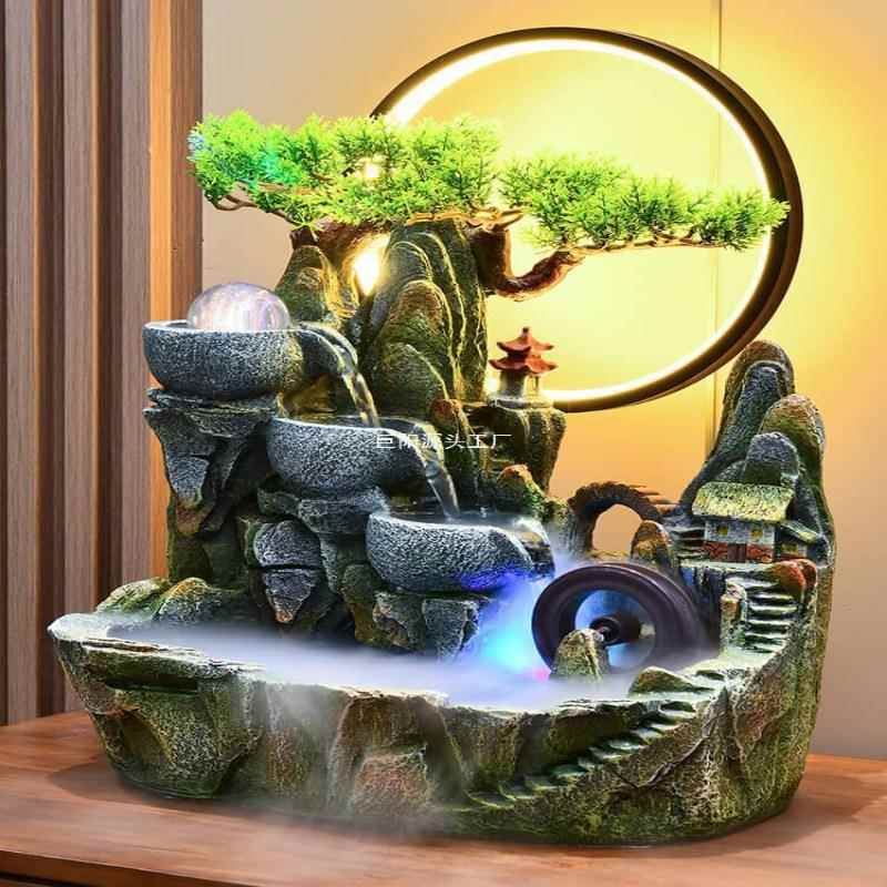 高件循环流水摆客造鱼厅缸KCQ假山水车山喷泉盆景装饰生财风水轮
