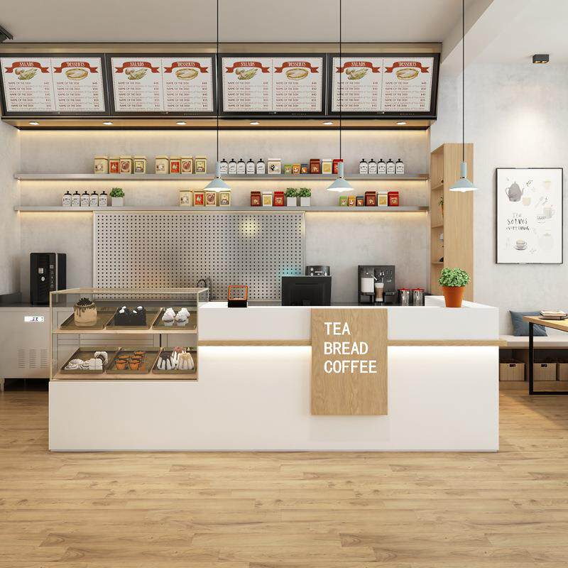 简约现代奶茶店吧台收银台餐厅烘焙咖啡店蛋糕甜品店柜台转角桌子