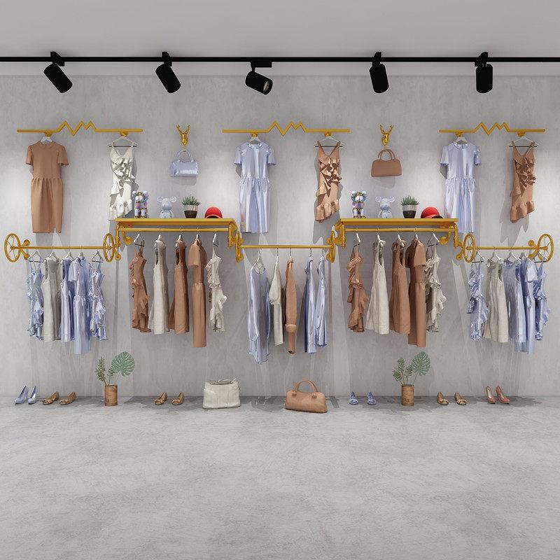 服装店展示架上墙女装童装货架组合侧挂金色欧式服装墙上正挂衣架