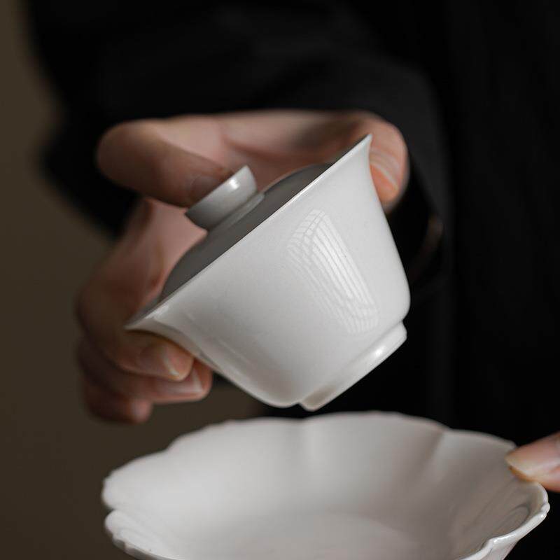 弥言手工陶瓷二才盖碗杏白釉泡茶碗茶杯敬茶碗带盖泡茶器茶具日式