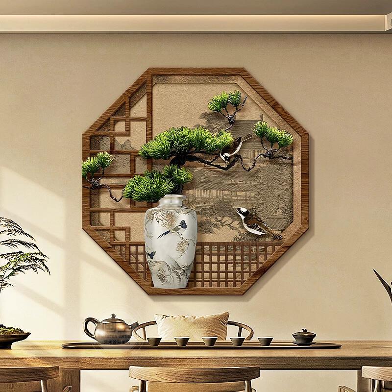 宋代美学迎客松茶室装饰画新中式花鸟玄关壁画灯八边形假窗户挂画