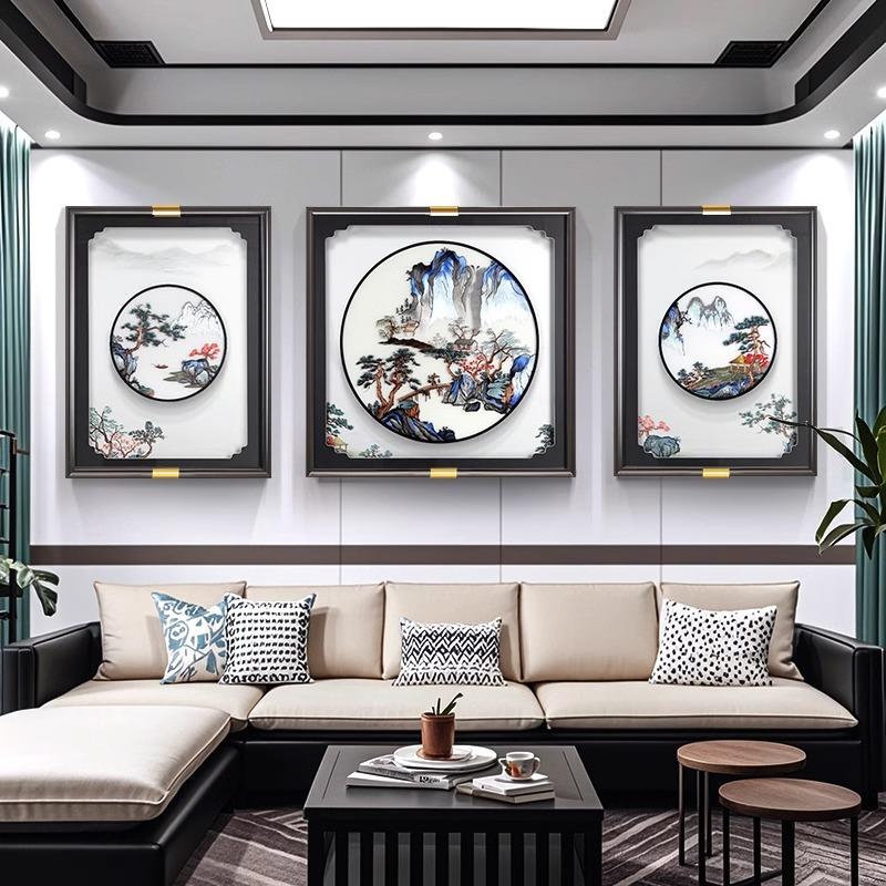新中式客厅装饰画高端刺绣山水画背有靠山苏绣成品沙发背景墙挂画
