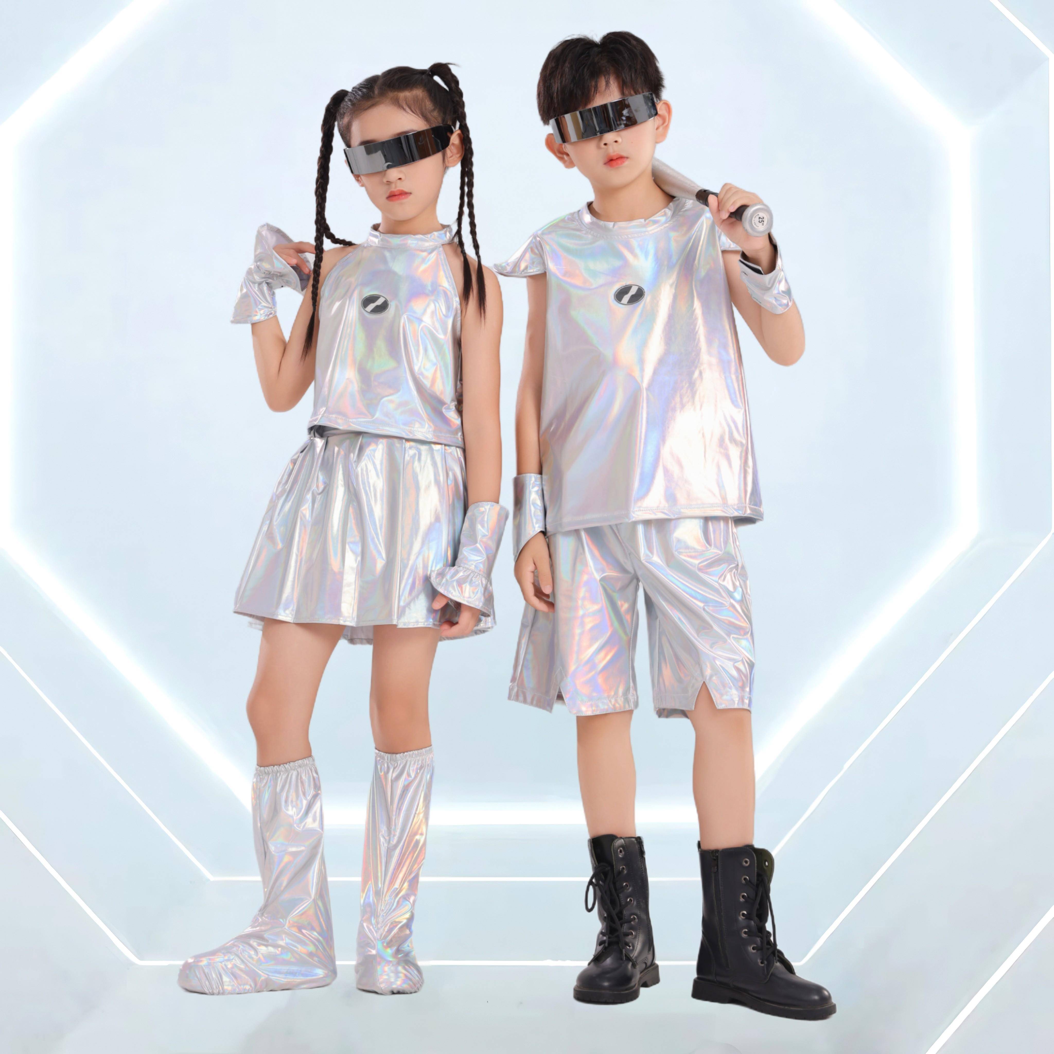 儿童AI机器人演出服未来科技感短袖表演服银色闪亮舞蹈服幼儿走秀