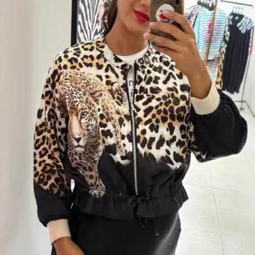Women's coat animal combination print pilot zipper jacket