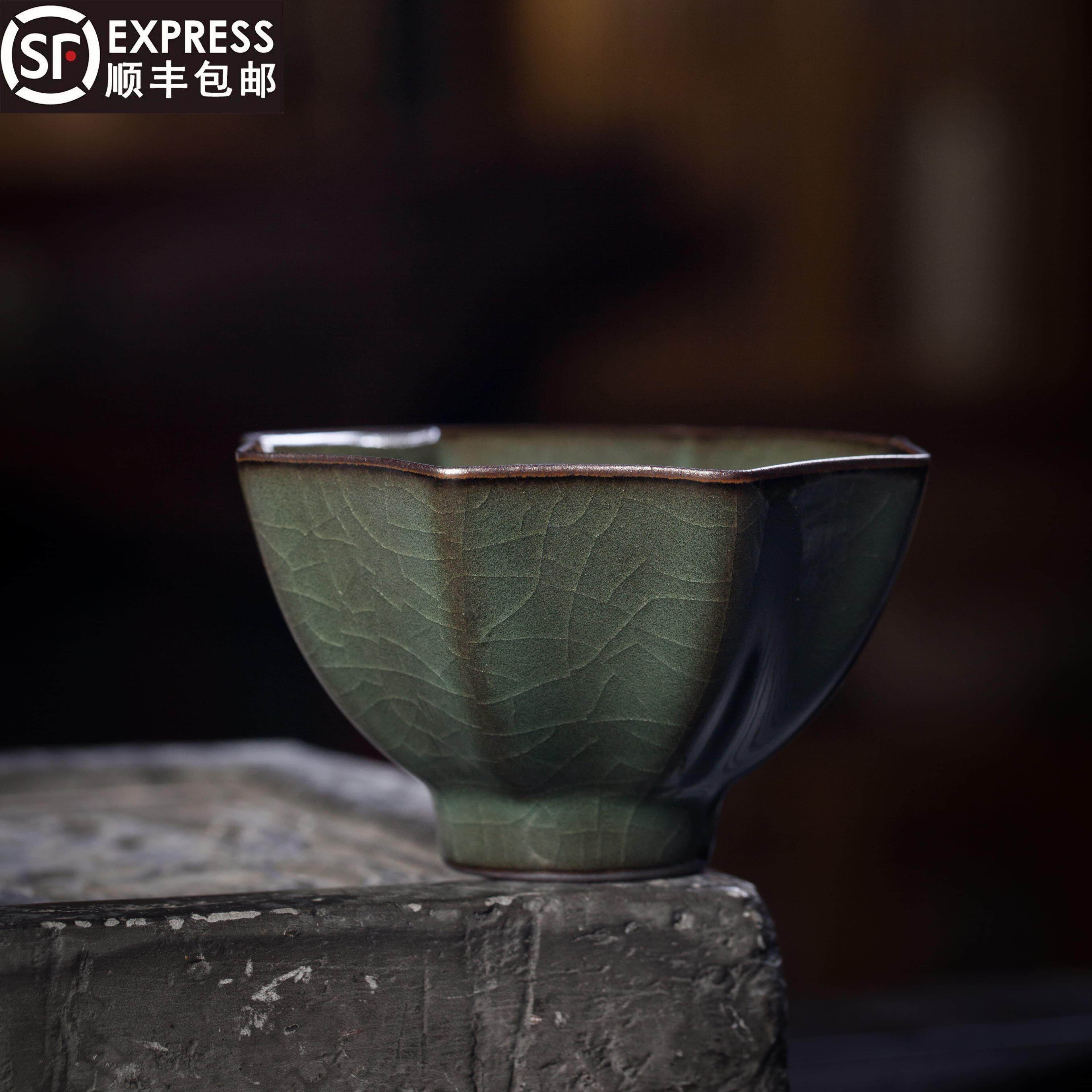 张则辉龙泉青瓷铁胎釉哥窑八方杯陶瓷冰裂纹品茗杯家用喝茶主人杯
