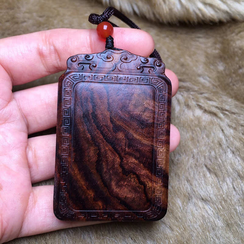 海南黄花梨木雕平安无事牌海黄老料油梨山水纹吊坠车挂红木项坠